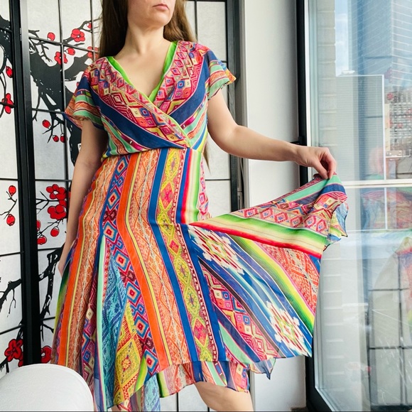 🚢Polo Ralph Lauren Multicolored Printed Silk Asymmetric Hem Detail Dress Tribal - Picture 3 of 17